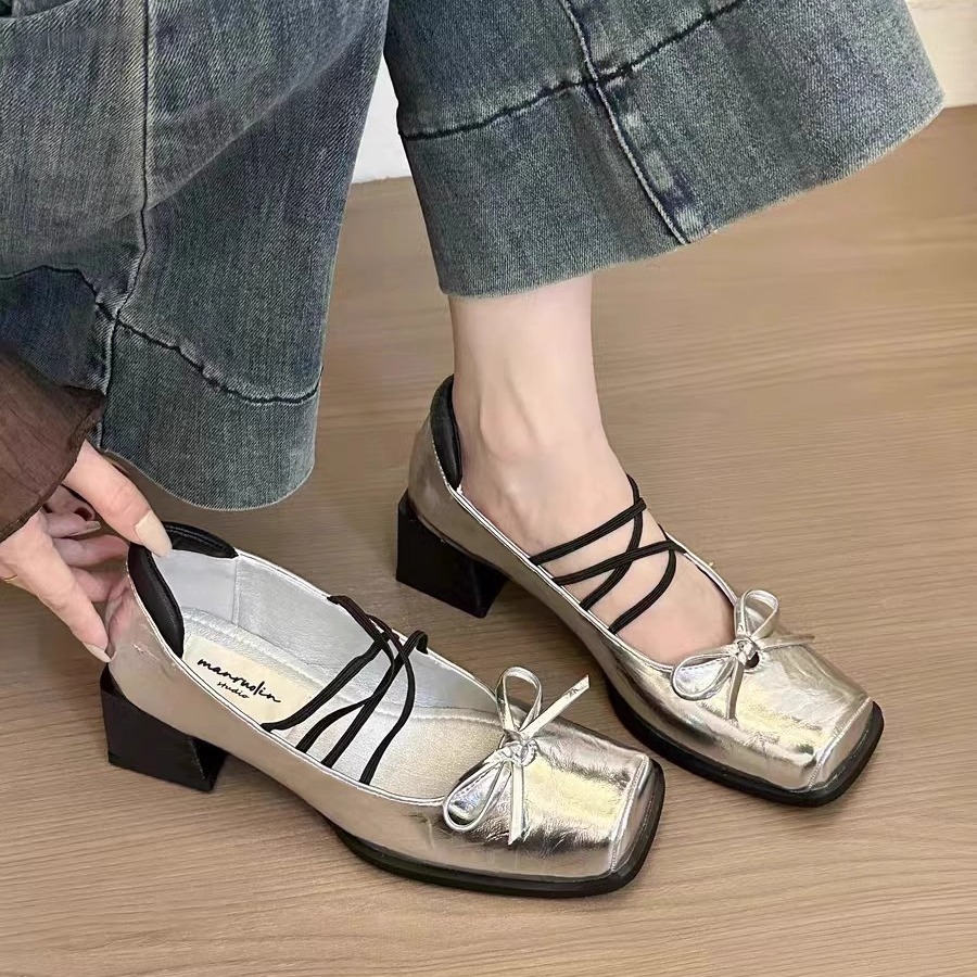 Autumn 2025 New Niche Design Bow Ballet Shoes Square Head Thick Heel Mary Jane Shoes Single-layer Shoes Small Leather Shoes