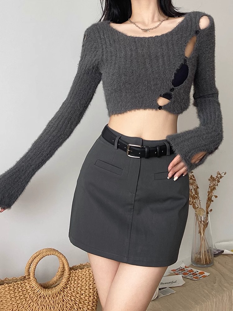 American Retro Grey High Waist A- Line Skirt Women's Spring 2024 New Slimming Sexy Hot Girl Hip Skirt