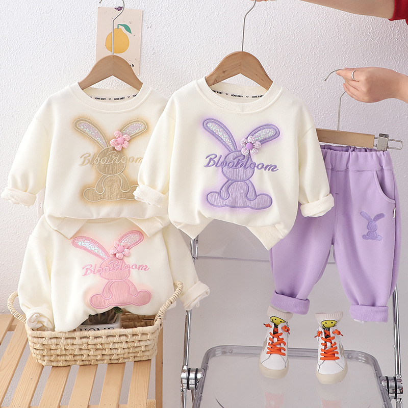 Baby girl suit spring clothes Western style girl's clothing Korean style baby children's clothes flower rabbit two-piece set Wholesale