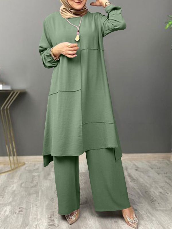 Picture of Muslim Women's Urban Sportswear Two-Piece Elegant Puff Sleeve Shirt Loose Fashionable Wide Leg Pants Suit
