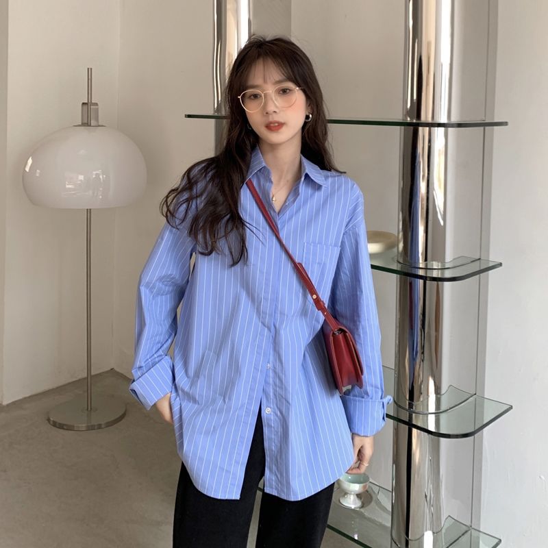 Blue Striped Shirt Women's Coat Autumn and Winter 2023 New Loose Chic Top Design Niche Shirt