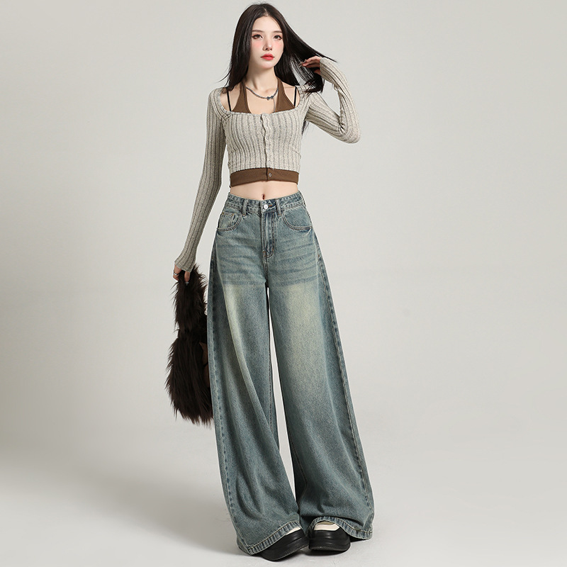Super Soft Yarn Wide Leg Pants Women's Autumn Soft Denim Dipped Pants American Style Wide Leg Jeans Women's Autumn High Street High Waist