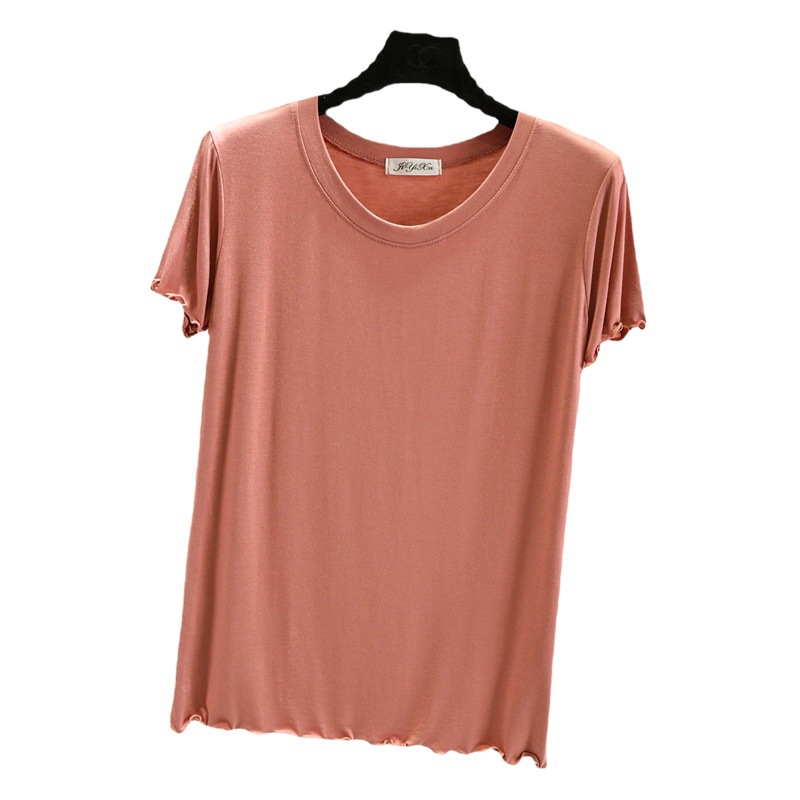Summer New Style Ice Silk Round Neck Short-Sleeved T-Shirt Thin Flying Edge Sweet Simple Bottoming Shirt Slim Fit Women's Top