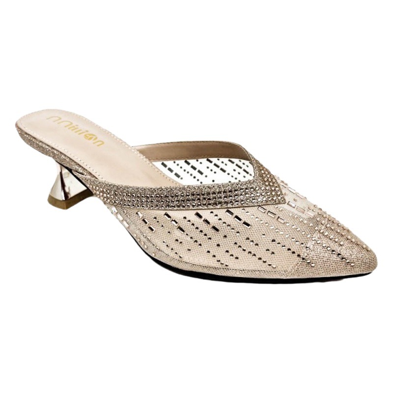 Summer 7cm Mid-Heel Closed-Toe Mules for Women, Fashionable Pointed Toe Rhinestone Slipper, Breathable Stiletto High Heels