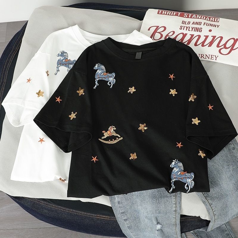 Cotton Summer New Korean Style White Simple Short-sleeved T-shirt Women's Ins Trendy Embroidered Floral Loose Half-sleeved Top Trendy