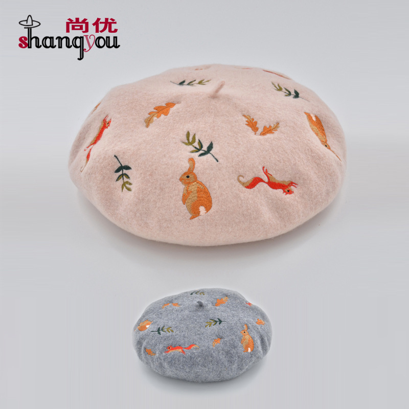 European and American Popular Rabbit Squirrel Embroidery Autumn and Winter Wool Beret Painter's Hat Women's Casual All-match Belle Hat