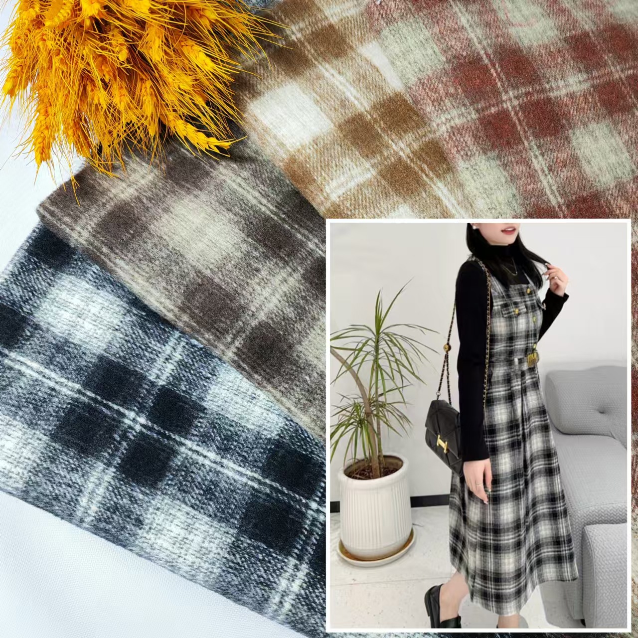 Shaoxing factory in stock autumn and winter wool plaid skirt shirt shoes hat luggage plaid woolen fabric