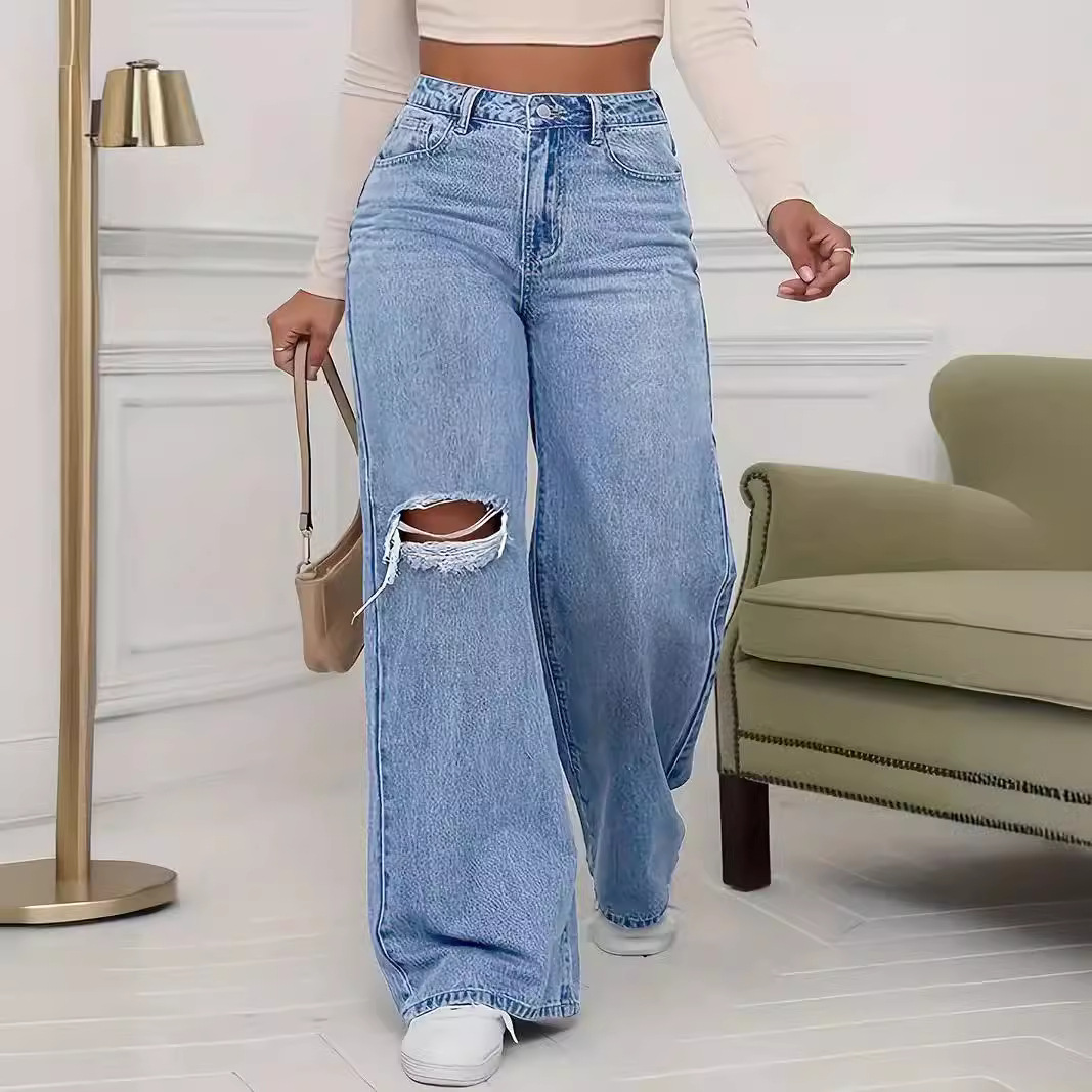 2024 Autumn and Winter New Cross-Border South American Ripped Wide-Leg Jeans Women's Pants Versatile Classic 2636