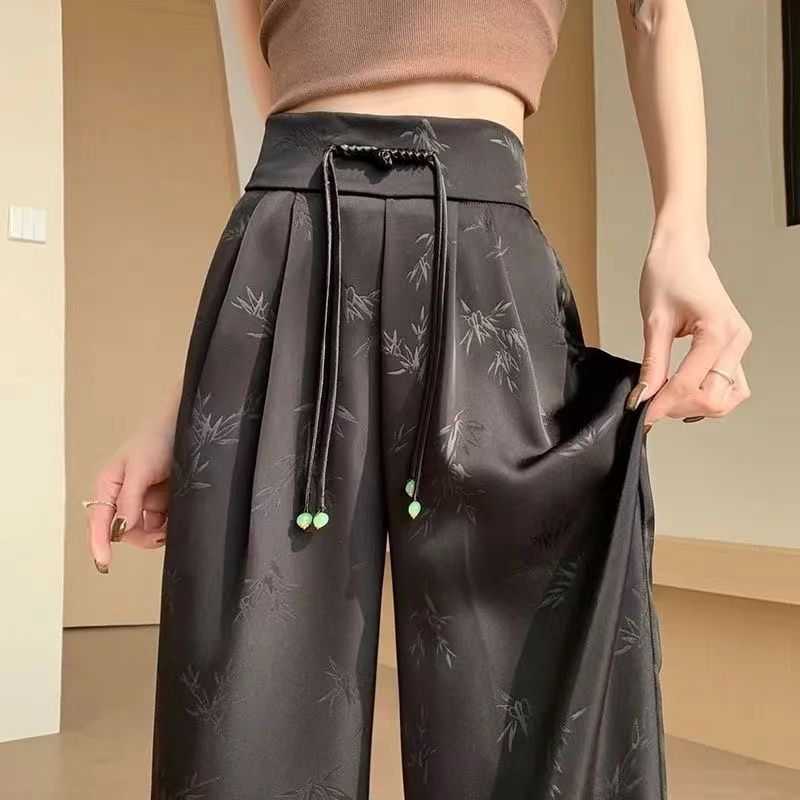 New Chinese Style Jacquard Petite Ice Silk Wide-Leg Pants for Women, Summer Thin High-Waisted Slimming Casual Straight Pants