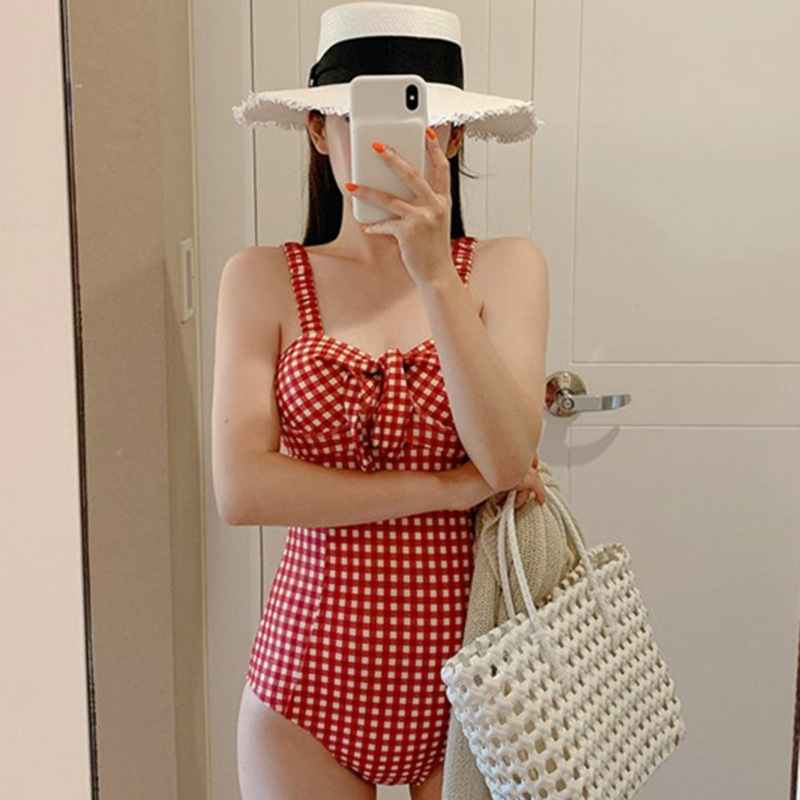 Cross-border wholesale ins style girl Red Plaid student one-piece swimsuit high waist belly covering small chest retro fresh