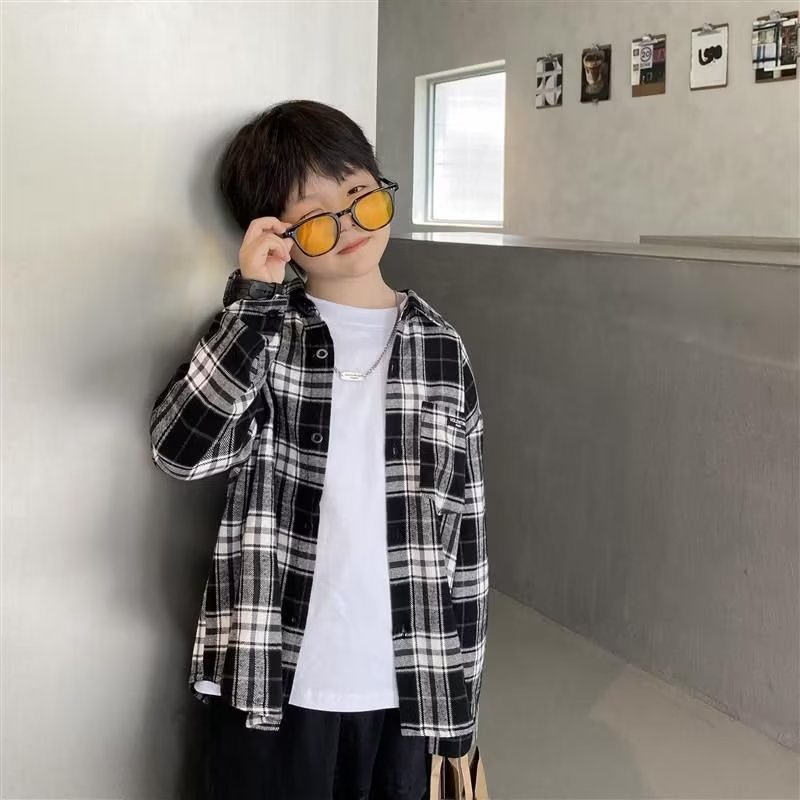 Picture of Boys' Cotton Shirt Long-sleeved 2023 New Western Style Korean Style Middle and Large Children's Summer Boys' Shirt Top Trendy