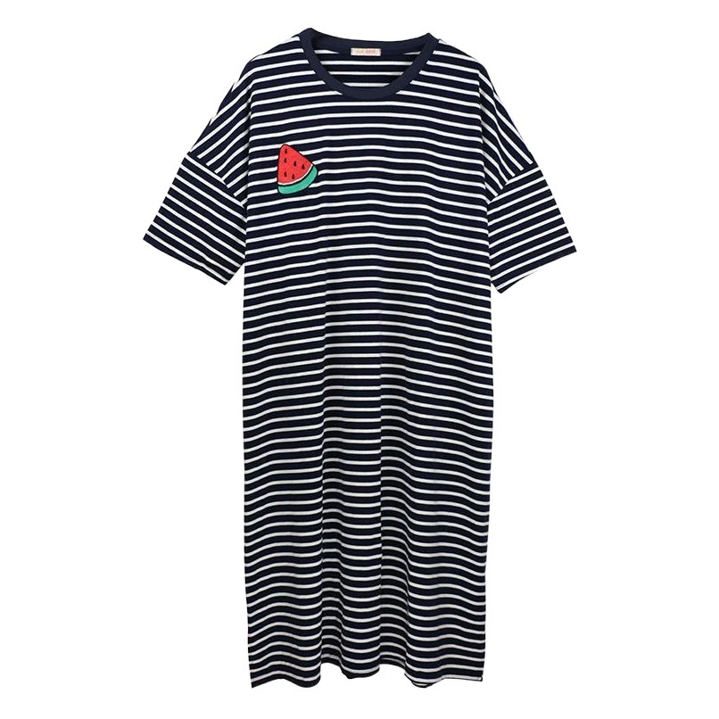 Cartoon Loose Home Clothes Pajamas Women's Short Sleeve Nightdress 160g Milk Silk Long Dress Striped Strawberry