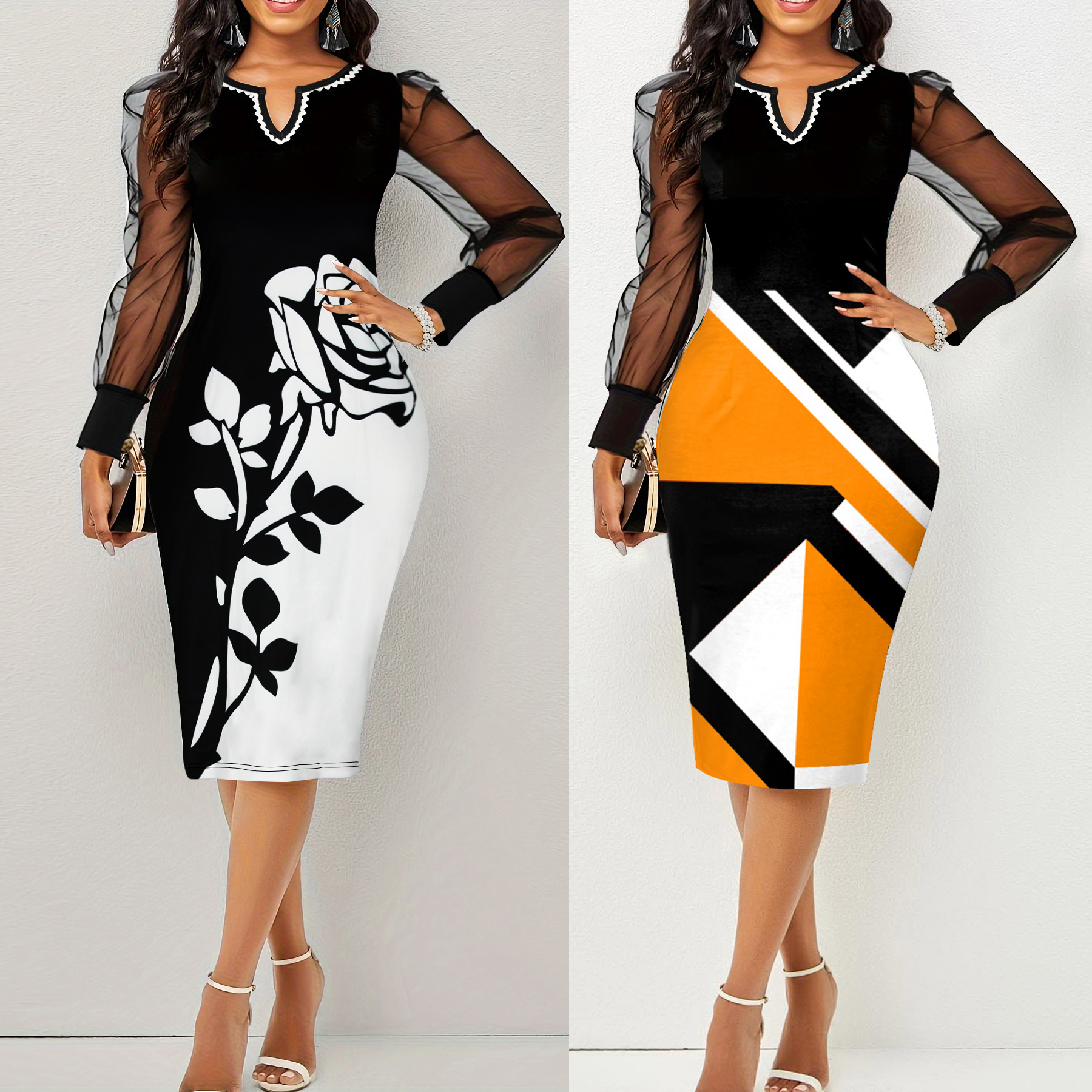 Cross-border Amazon European and American Spring and Autumn Sexy V-neck Printed Mesh Spliced Dress Long-sleeved Slim-fit Hip dress Women