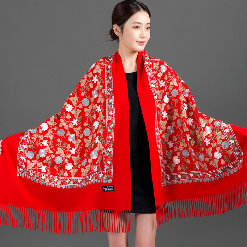 Nepal Exquisite Handmade Embroidery Flower Red Wedding Cashmere Wool Shawl Chinese Ethnic Style Dual-Use Scarf