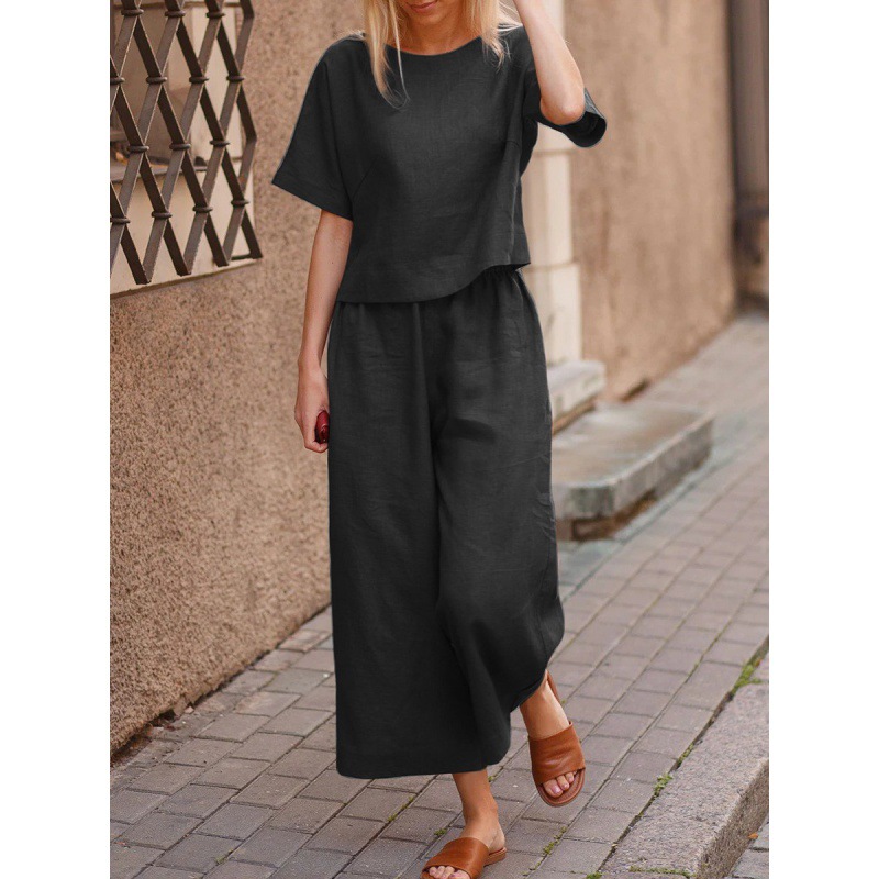 Picture of 2022 cross-border Amazon casual European and American plus size suit loose solid color shirt trousers two-piece set