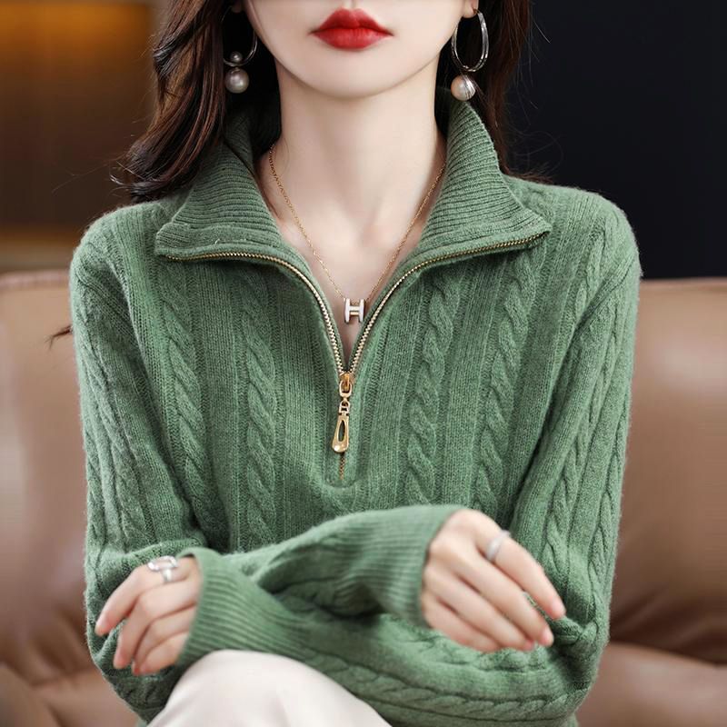 2023 Spring Western-style Knitwear Women's Half-turtleneck Zipper Solid Color Pullover Sweater Loose Casual Base Shirt