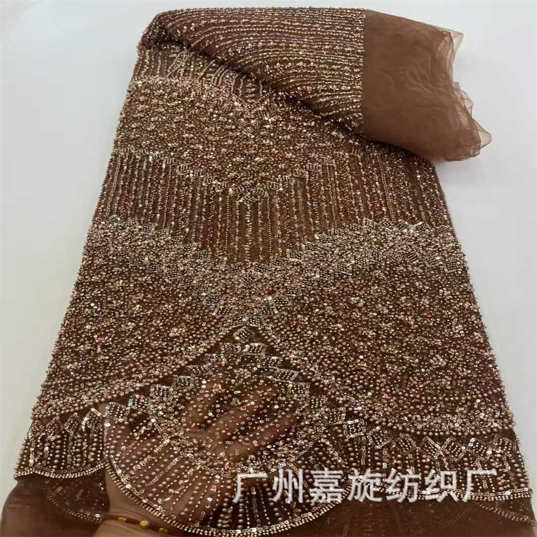 Dyed French Beaded Small Flower Mesh Fabric with Heavy Bead Tube Embroidery and Sequin Embroidery Wedding Dress Fabric Beaded