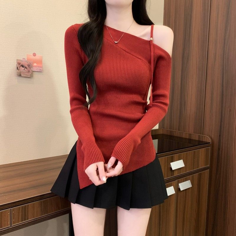 Picture of Bashi red one-line slanted shoulder knitted base jacket women's autumn outfit autumn and winter Angora red boss sweater with top underneath