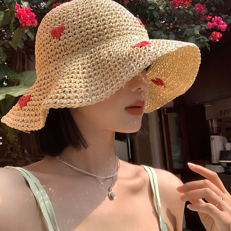 Picture of Love Handmade Straw Fisherman Hat Women's Summer Japanese Vacation Sunshade Straw Hat Seaside Beach Hat
