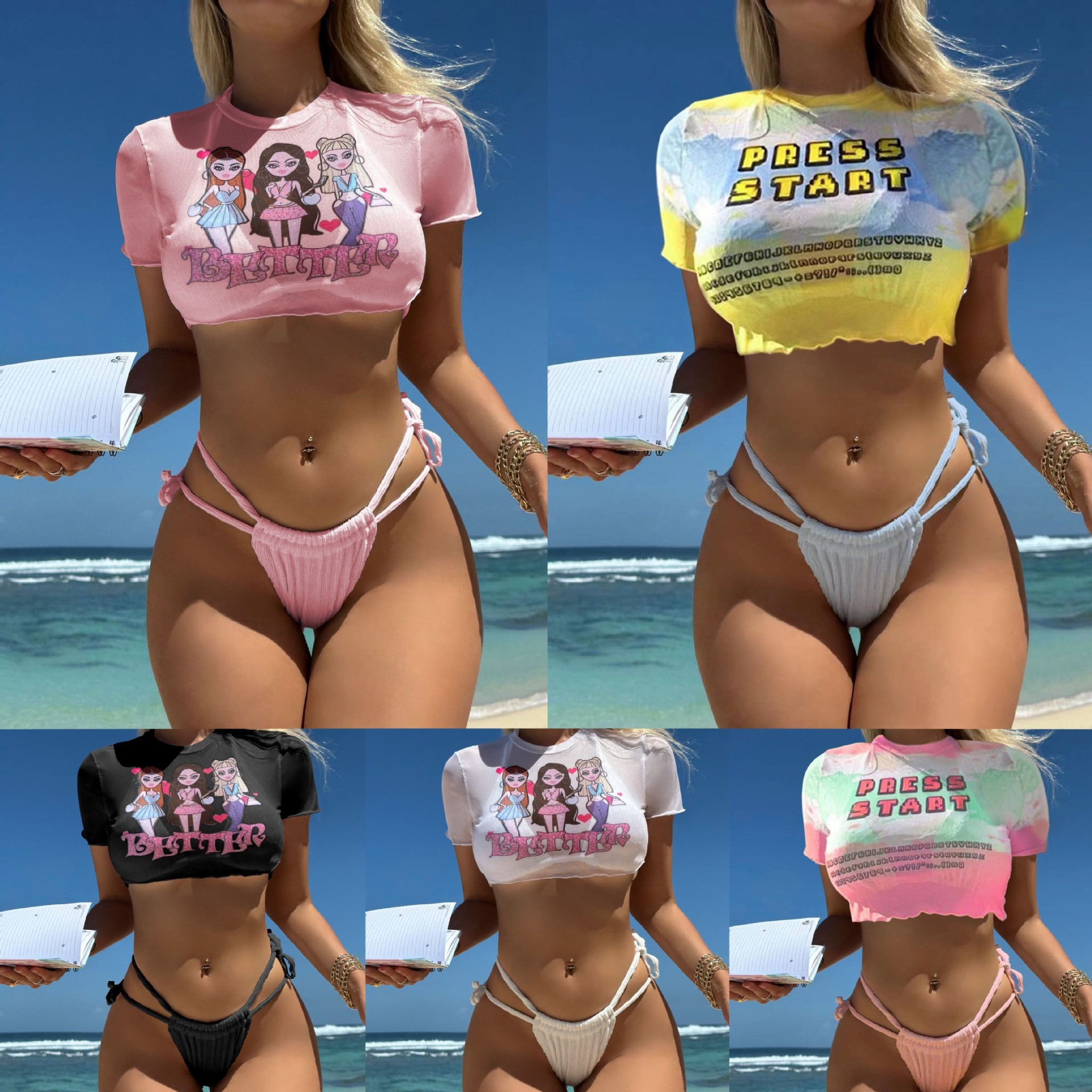2025 European and American New Portrait Printed Drawstring Strap Three-Piece Swimsuit Swimsuit Bikini Bikini9128