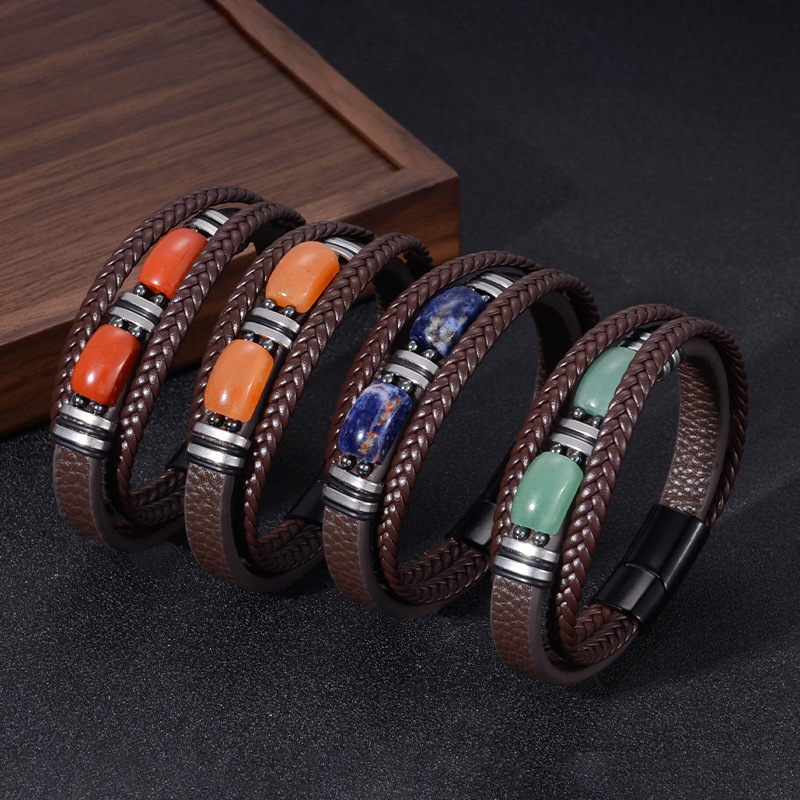 Multi-Layer Leather Bracelet Amazon Cross-Border Popular Retro Men's Jewelry Tiger Eye Stone Bracelet Stainless Steel Magnet Buckle