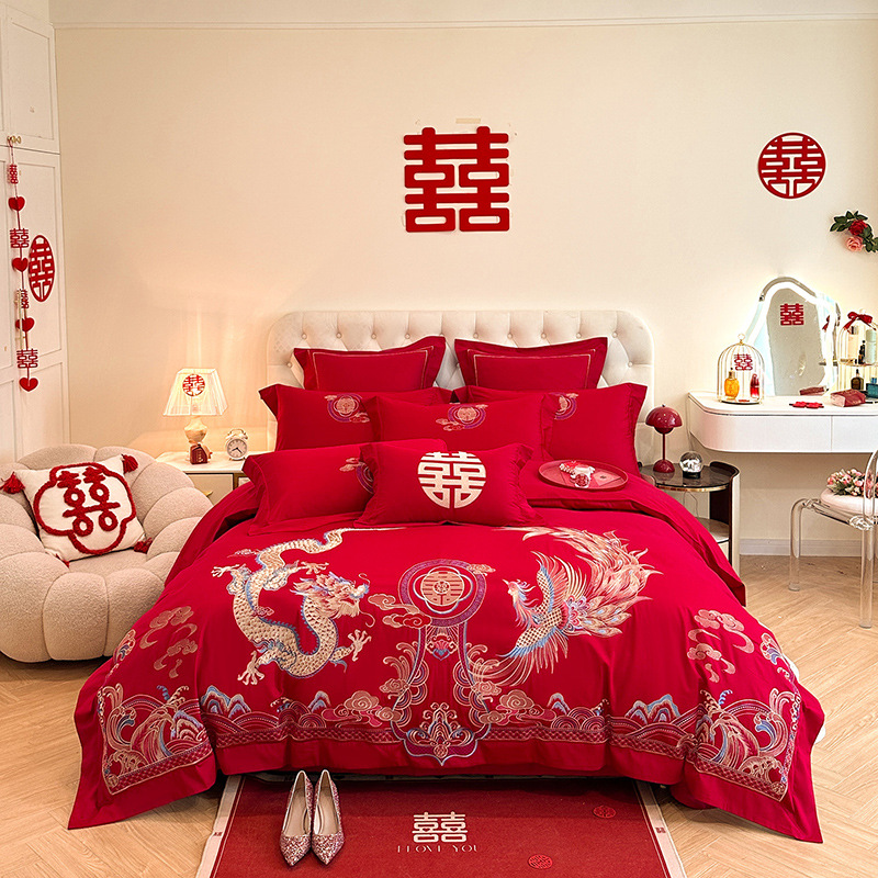 Picture of High-end European-style Wedding Four-piece Cotton Big Red Embroidered Sanding Quilt Cover Wedding Bedding Accompanying Wedding Room