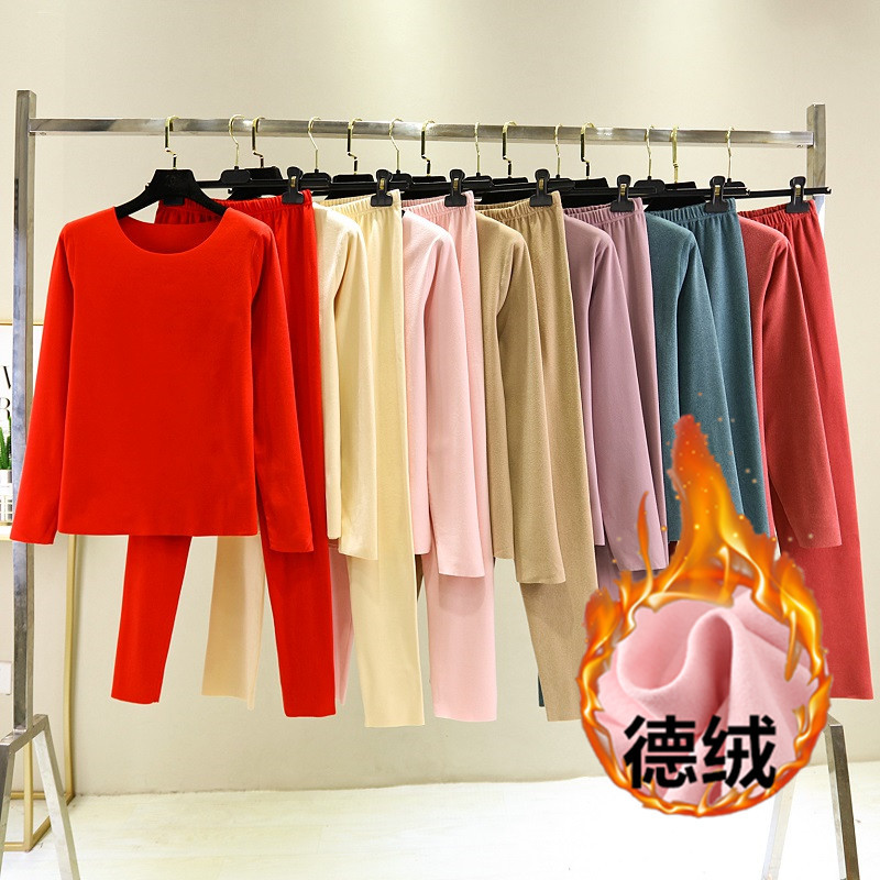 De velvet thickened loose underwear women's double-sided velvet long-sleeved bottoming shirt warm suit fleece-lined top long pants two-piece set