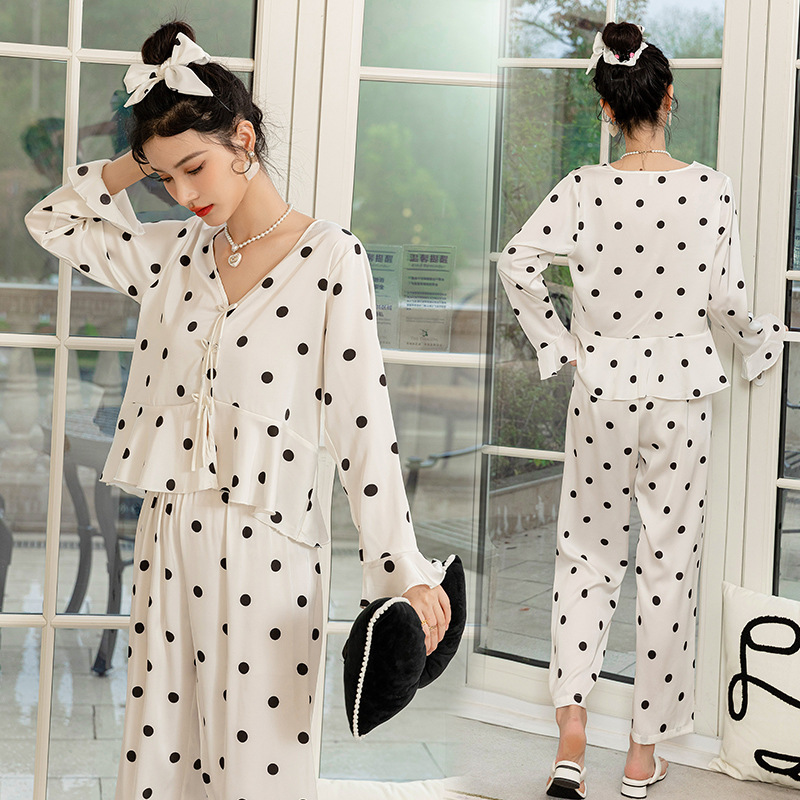 Spring and Summer Trendy Ice Silk Pajamas for Women, Polka Dot Long-Sleeve Top and Pants Thin Pullover Two-Piece Set, Polka Dot Ice Silk Pajamas