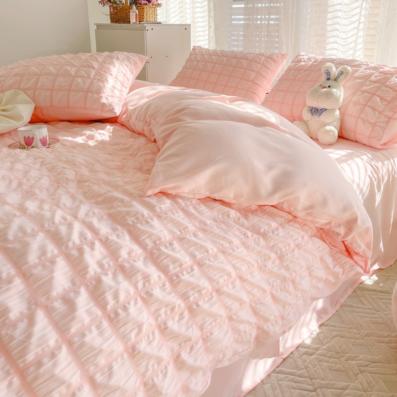 Wholesale plaid seersucker four-piece quilt cover sheets student dormitory bedding quilt cover three-piece girl heart
