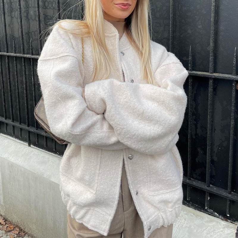 Picture of 2025 Cross-Border European and American New Women's Casual Color Stand-Up Collar Single-Breasted Large Flap Pocket Pants Loose and Comfortable Long-Sleeved Jacket