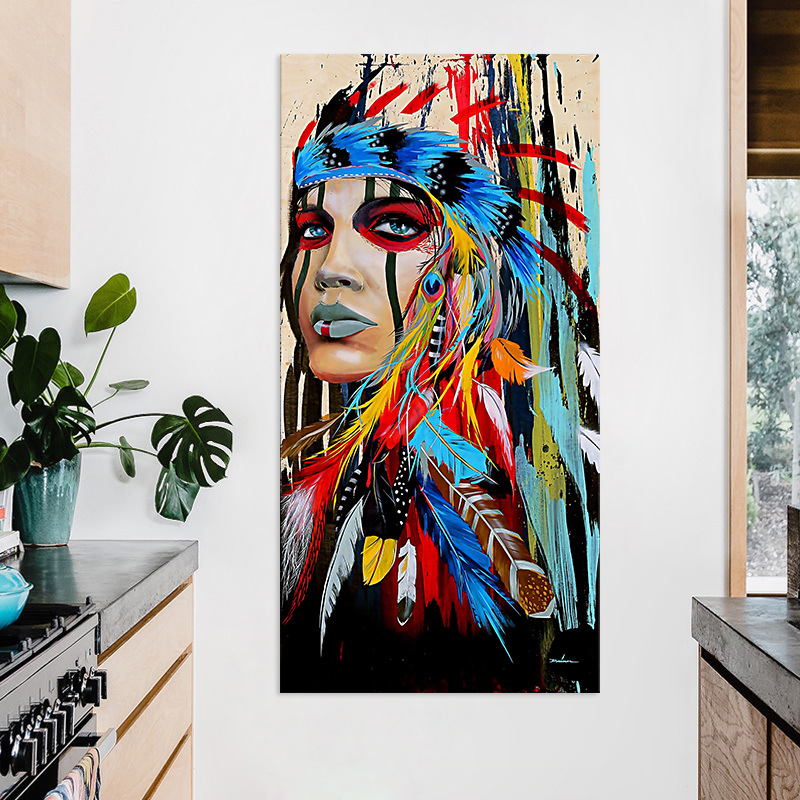 Cross-border Hot Selling Indian Woman Feather Home Decoration Painting Living Room Entrance Hanging Painting Mural Frameless Core