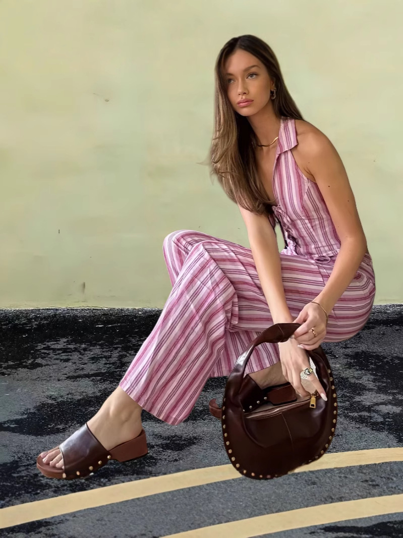 2024 European and American Cross-border New Fashion Striped Lace-up Sleeveless Top Wide Leg Pants suit