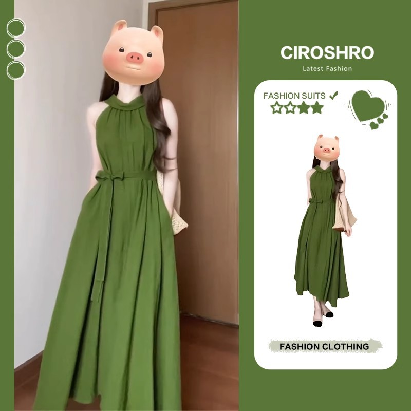 French High-end Green Neck Sling dress Children's Summer 2024 New Seaside Holiday Elegant Long Dress