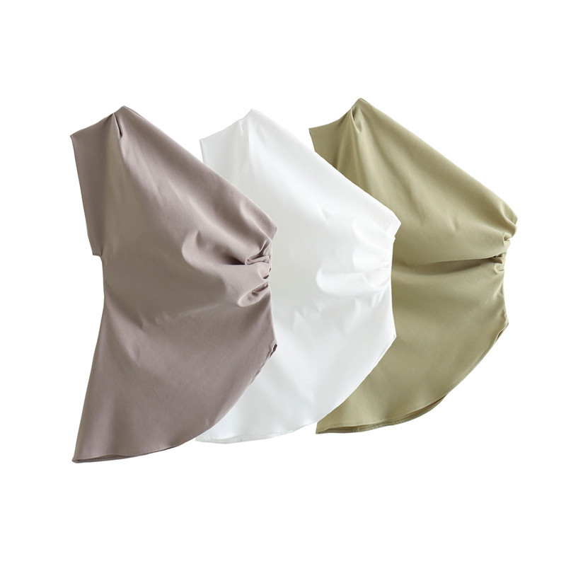 Amazon Foreign Trade Wholesale 2024 Spring and Summer New Women's Clothing Sexy Solid Color Asymmetrical Pleated Top for Women