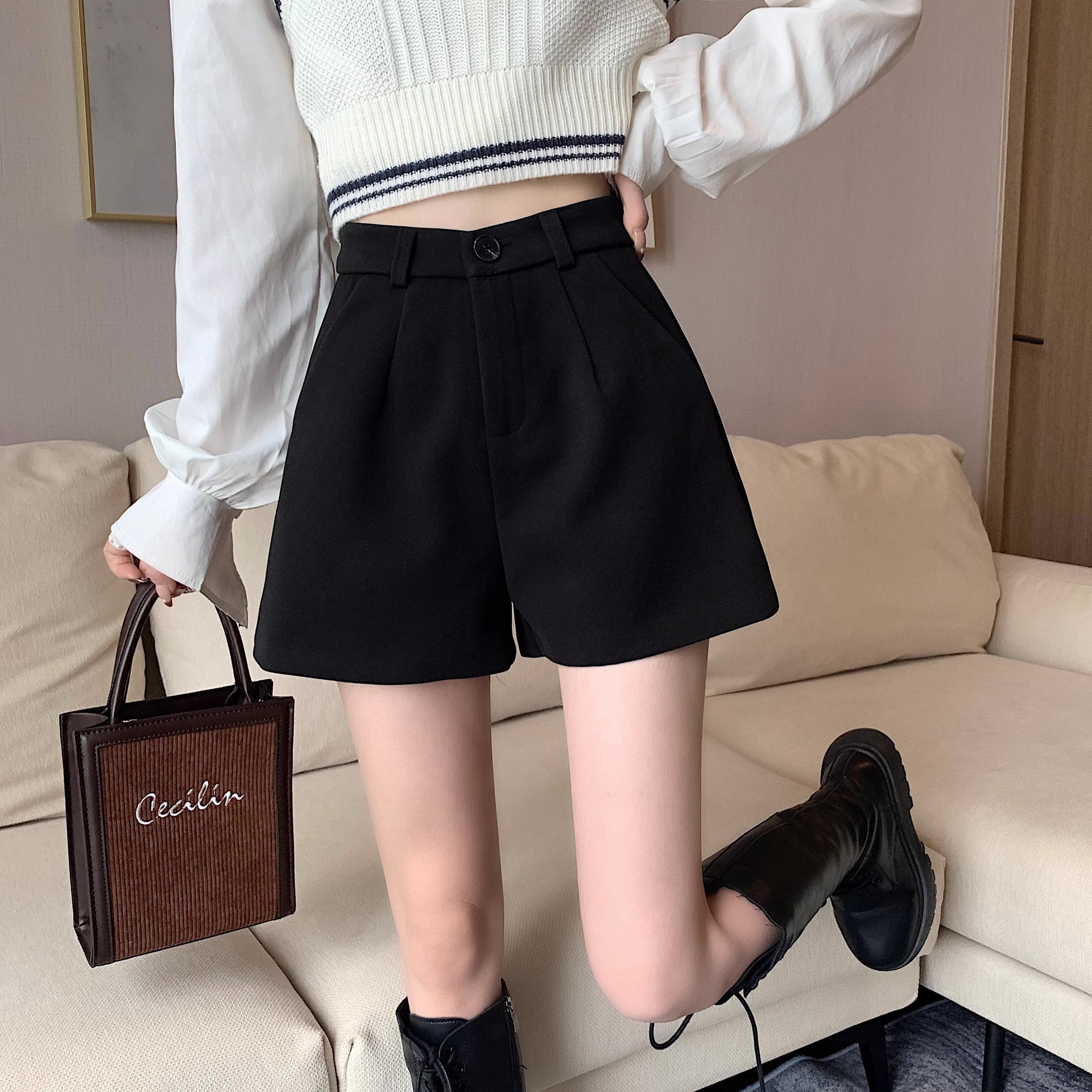 Black Shorts Women's Autumn and Winter 2023 New Wool Boots Pants Slimming High Waist A- Shaped Wide Leg Pants Casual Straight Pants
