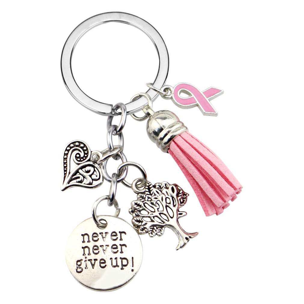 Pink Ribbon streamer tree of life love never give up round brand alloy pendant keychain
