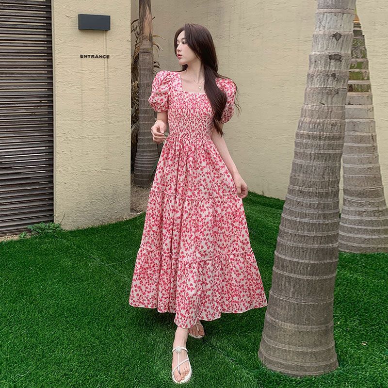 [original workmanship] 2024 summer new French square collar elegant dress waist slim floral long skirt