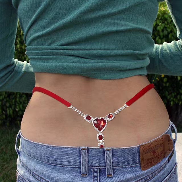 European and American sexy love rhinestone thong body chain elastic adjustable women's heart-shaped flash diamond body accessories