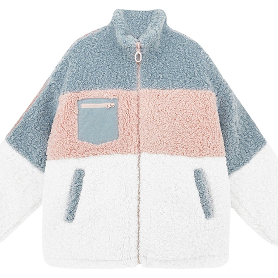 French Hepburn style woolen coat autumn and winter New stitching contrast color lamb wool outer wear thickened small women's clothing