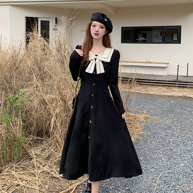 Spring and Autumn chubby girl Pear Shape High Waist French Style Bow Long Sleeve Super Slim High dress Women's Korean Style Fashion Long Skirt