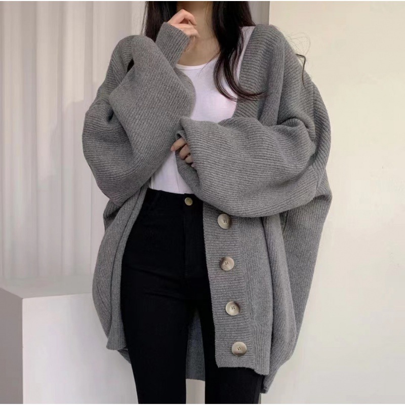 2023 autumn and winter casual lazy style V-neck single-breasted loose lantern sleeve knitted cardigan sweater coat for women
