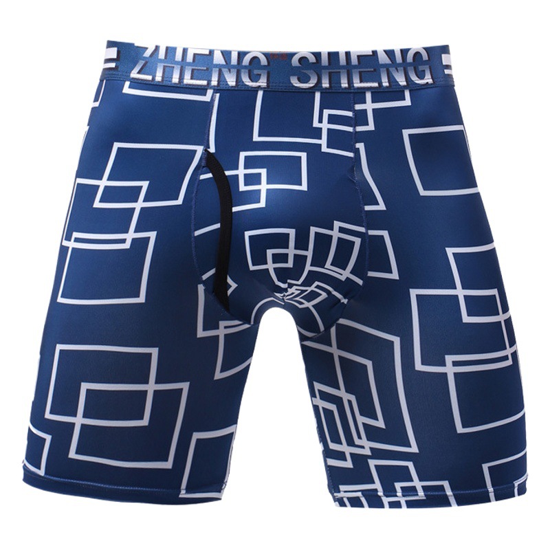 Printed Quick-drying Ice Silk Underwear Men's Ultra-thin Breathable Large Size Mid-waist Boxers Anti-wear Leg Sports Extra Long Boxers