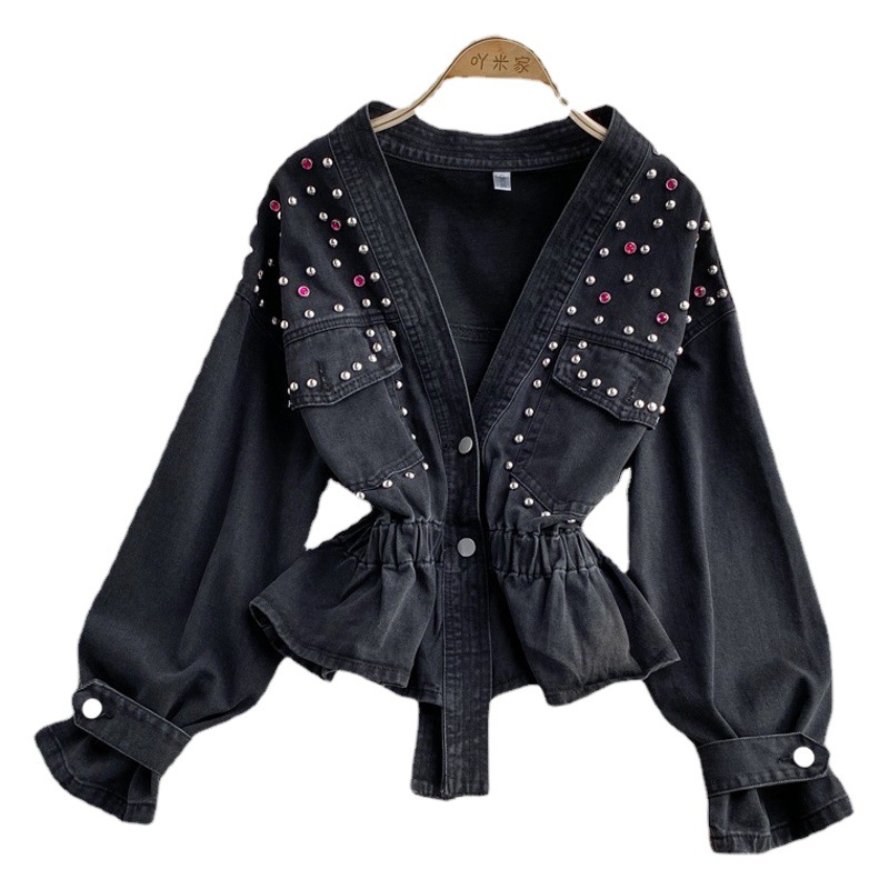 Cross-border Autumn and Winter New Korean-style V-neck Beaded Denim Jacket Short Women's Loose Hong Kong-style Student bf Casual Top