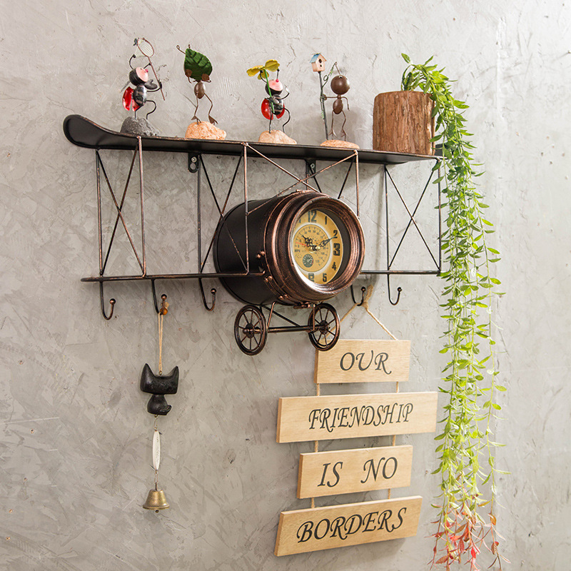 American Retro Aircraft Model Storage Rack Wall Decoration Wall Mounted Propeller Clock Creative Iron Wall Decoration Storage