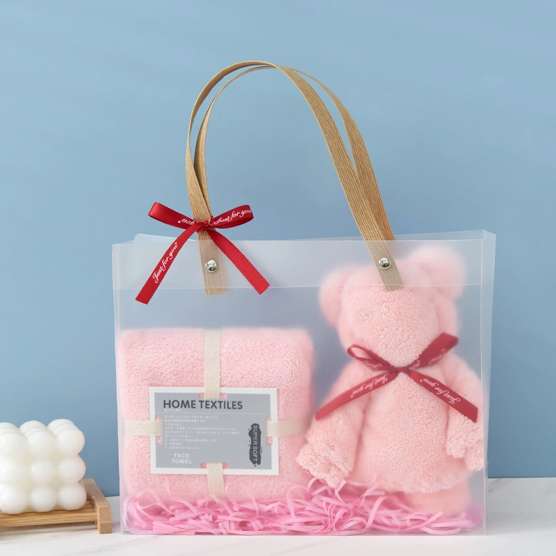 Picture of Coral Velvet Towel Pvc Double Satchel Gift Box Bear Holiday Wedding Souvenir Towel Gift Towel Embroider