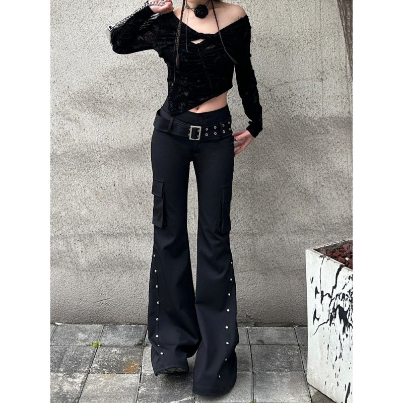 European and American Retro Design Rivet Decoration Casual Pants for Women 2025 Spring & Fall New High Street Sexy Low-Waist Bell-Bottom Pants