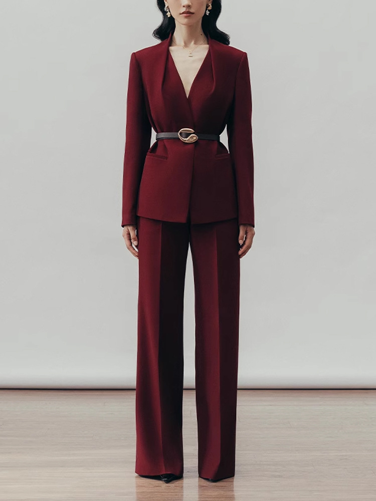 wine red high-end sense fried street suit suit women 2025 spring and autumn new temperament wide leg pants two-piece set