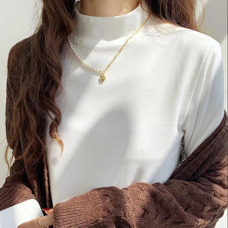 Double-sided velvet semi-high collar fleece-lined bottoming shirt women's autumn and winter new thick long-sleeved slim-fit high-grade top