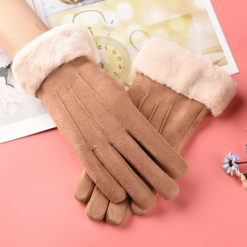Picture of Autumn and Winter fleece-lined thickened touch screen suede warm gloves cute fashion student outdoor cycling driving stall
