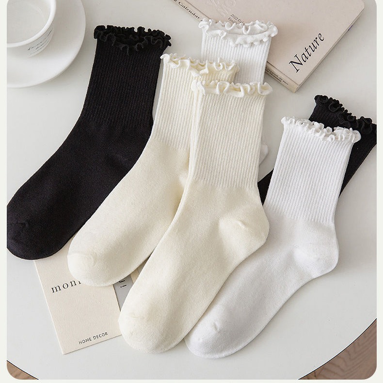 White lace socks women's mid-calf sweat-absorbent deodorant women's socks wooden ear socks summer ins All-match Black Japanese socks